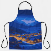 Retro Village Mountain Blue Gold Landschap Schort (Voorkant)