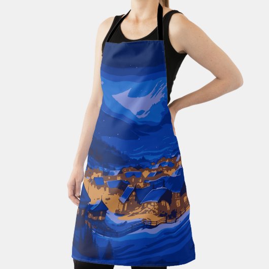 Retro Village Mountain Blue Gold Landschap Schort (Insitu)