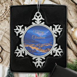 Retro Village Mountain Blue Gold Landschap Tin Sneeuwvlok Ornament