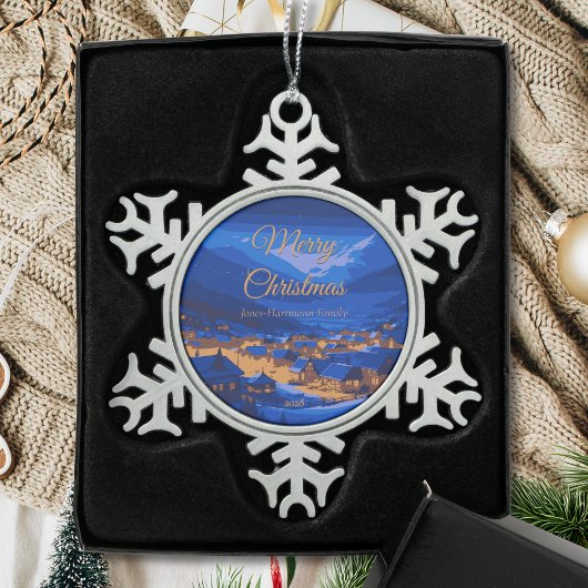 Retro Village Mountain Blue Gold Landschap Tin Sneeuwvlok Ornament