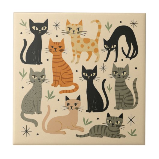 Retro Vintage 1950s Cat Pattern Tegeltje (Voorkant)