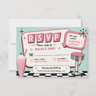 Retro Vintage 1950's Diner Geruite Vloer Bruiloft RSVP Kaartje