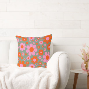 Retro Vintage 70s Bloemmotief Oranje Roze Groen Kussen