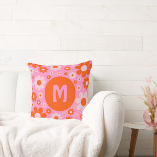 Retro Vintage 70s Madeliefjespatroon Oranje Roze Kussen