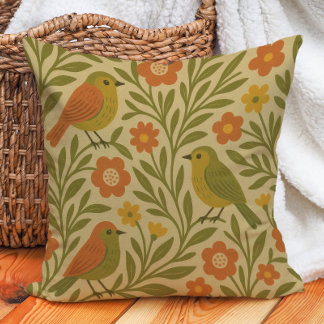 Retro Vintage Aardetinten Olijf Oranje Goud Vogels Kussen