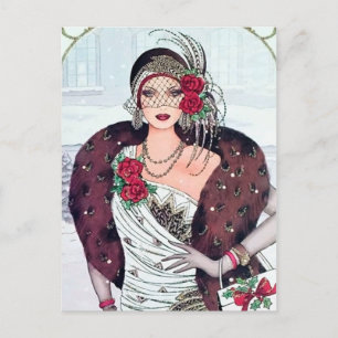 retro vintage art deco dame Vakantie Feestdagenkaart