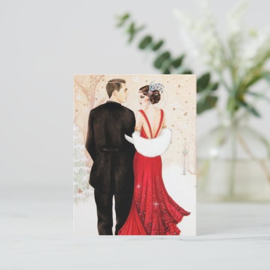 Retro vintage art deco kerstpaar feestdagenkaart (Staand voorkant)