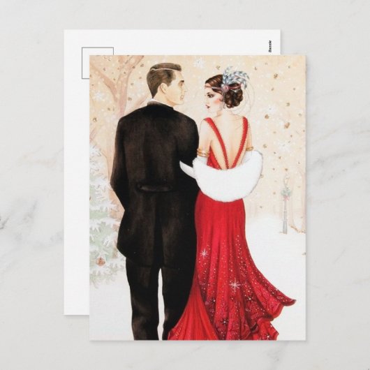 Retro vintage art deco kerstpaar feestdagenkaart (Voorkant / Achterkant)