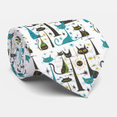 Retro Vintage Atomkatten Zwart Turquoise Wit Stropdas (Opgerold)