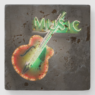 Retro Vintage Basgitaar Muzieknu Neonreclame in Gr Stenen Onderzetter