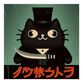 Retro Vintage Black Cat with Suit and Knife Japan Perfect Poster