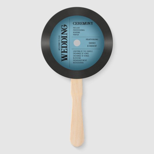 Retro Vintage Blauw Vinylplaat Huwelijksprogramma Handwaaier (Voorkant)