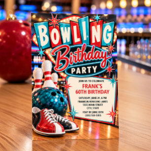Retro Vintage Bowling Night Verjaardagsfeest Kaart
