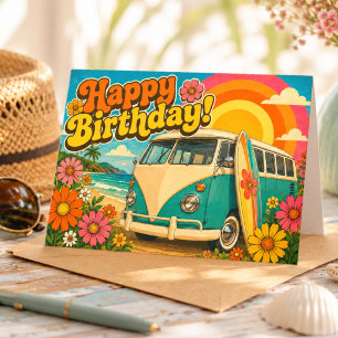 Retro Vintage Bus & Surf Zomer Verjaardagskaart Kaart