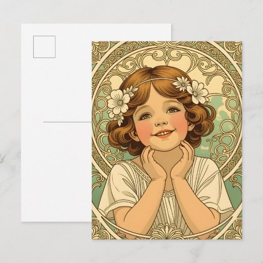 retro vintage child with flowers aankondigingskaart (Voorkant / Achterkant)