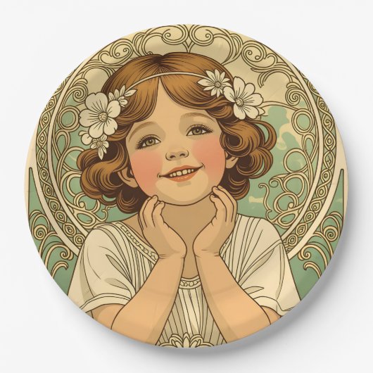 retro vintage child with flowers papieren bordje (Voorkant)