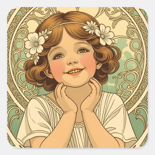 retro vintage child with flowers vierkante sticker (Voorkant)