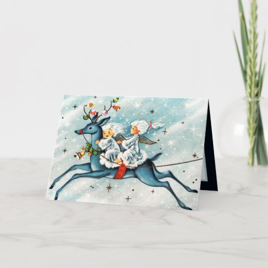 Retro vintage Christmas Angel rendier sentiment Kaart (Voorkant)