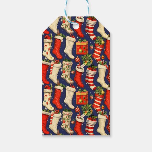 Retro Vintage Christmas Stockings Blue Cadeaulabel (Achterkant)