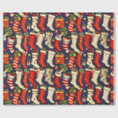 Retro Vintage Christmas stockings Blue Cadeaupapier (Vlak)