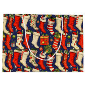 Retro Vintage Christmas Stockings Blue Groot Cadeauzakje (Achterkant)