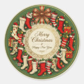 Retro Vintage Christmas Stockings Green Ronde Sticker (Voorkant)
