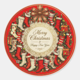 Retro Vintage Christmas Stockings Red Ronde Sticker