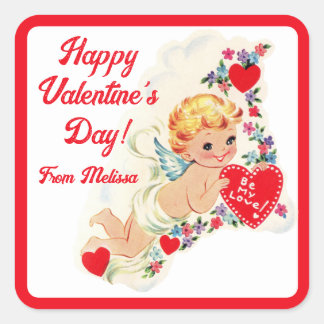 Retro Vintage Cupid Custom Happy Valentine's Day Vierkante Sticker