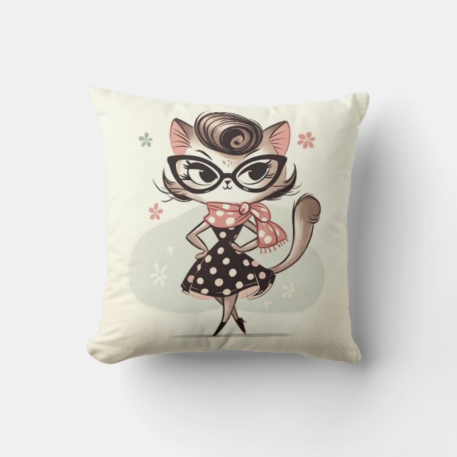 Retro Vintage Femiene Kitten Met Kat Bril Kussen (Voorkant)