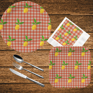 Retro Vintage Gele Citroenen op Rood Wit Geruit Papieren Bordje