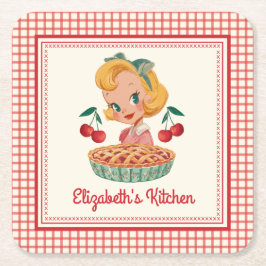 Retro Vintage Gingham Red Cherry  Kartonnen Onderzetters