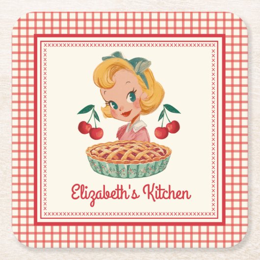 Retro Vintage Gingham Rode Kersen Kartonnen Onderzetters (Voorkant)