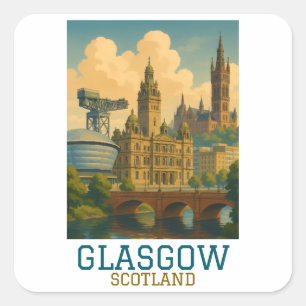 Retro Vintage Glasgow Schotland Stadsgezicht Reize Vierkante Sticker