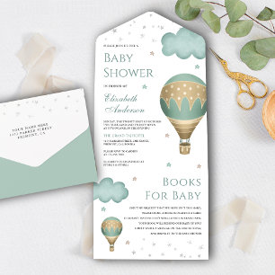 Retro Vintage Groene Heet Luchtballon Baby Shower All In One Uitnodiging