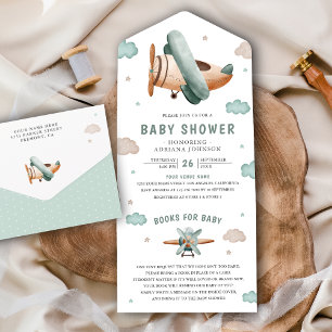 Retro Vintage Groene Vliegtuig Piloot Baby Shower All In One Uitnodiging