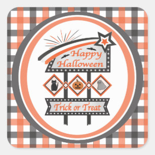 Retro Vintage Halloween Bord –Trick or Treat Plaid Vierkante Sticker