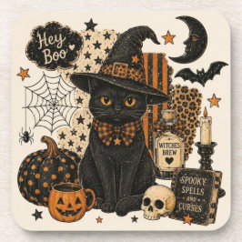 Retro Vintage Halloween Zwarte Kat Heksenhoed Grie Bier Onderzetter
