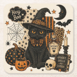 Retro Vintage Halloween Zwarte Kat Heksenhoed Grie Kartonnen Onderzetters