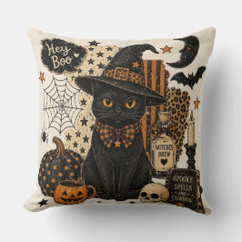 Retro Vintage Halloween Zwarte Kat Heksenhoed Grie Kussen