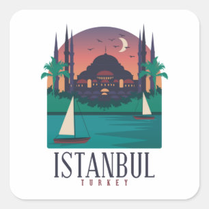 Retro Vintage Istanbul Turkije Skyline Hagia Sophi Vierkante Sticker