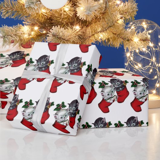 retro vintage kerst betegelde katten cadeaupapier (Feestdagen)
