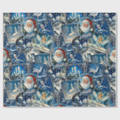 Retro Vintage Kerst: Blauwe Collage Cadeaupapier (Vlak)