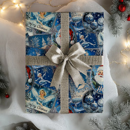 Retro Vintage Kerst: Blauwe Collage Cadeaupapier