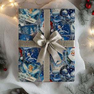 Retro Vintage Kerst: Blauwe Collage Cadeaupapier