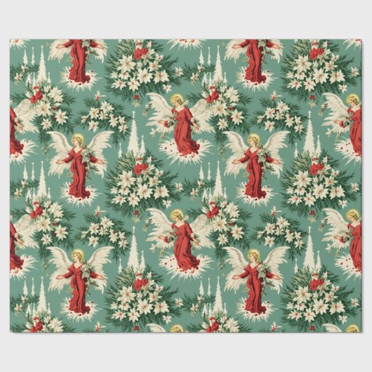 Retro Vintage Kerst Engelen en Bloemen Cadeaupapier (Zoom)