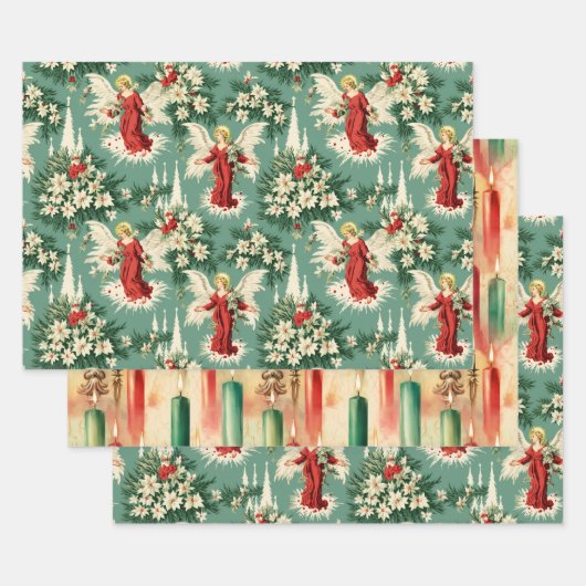 Retro Vintage Kerst Engelen en Bloemen Inpakpapier Vel (Set)