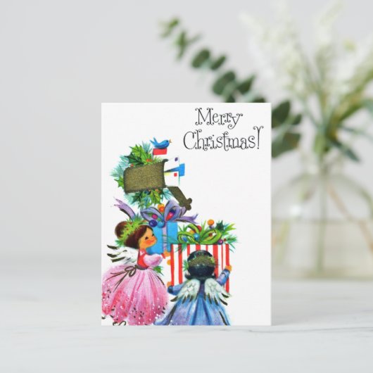 Retro vintage kerst engelen feestdagenkaart (Staand voorkant)