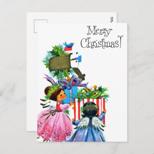 Retro vintage kerst engelen feestdagenkaart (Voorkant / Achterkant)