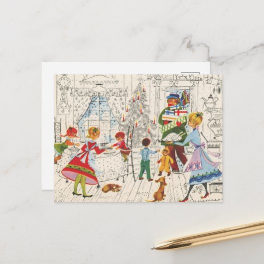 retro vintage kerst familie feestdagenkaart (Voorkant / Achterkant in situ)