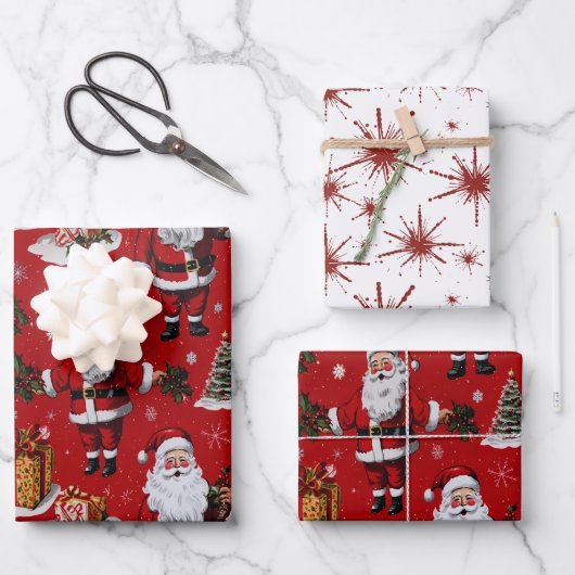 Retro Vintage Kerst Feestelijke Santas Inpakpapier Vel (Voorkant)